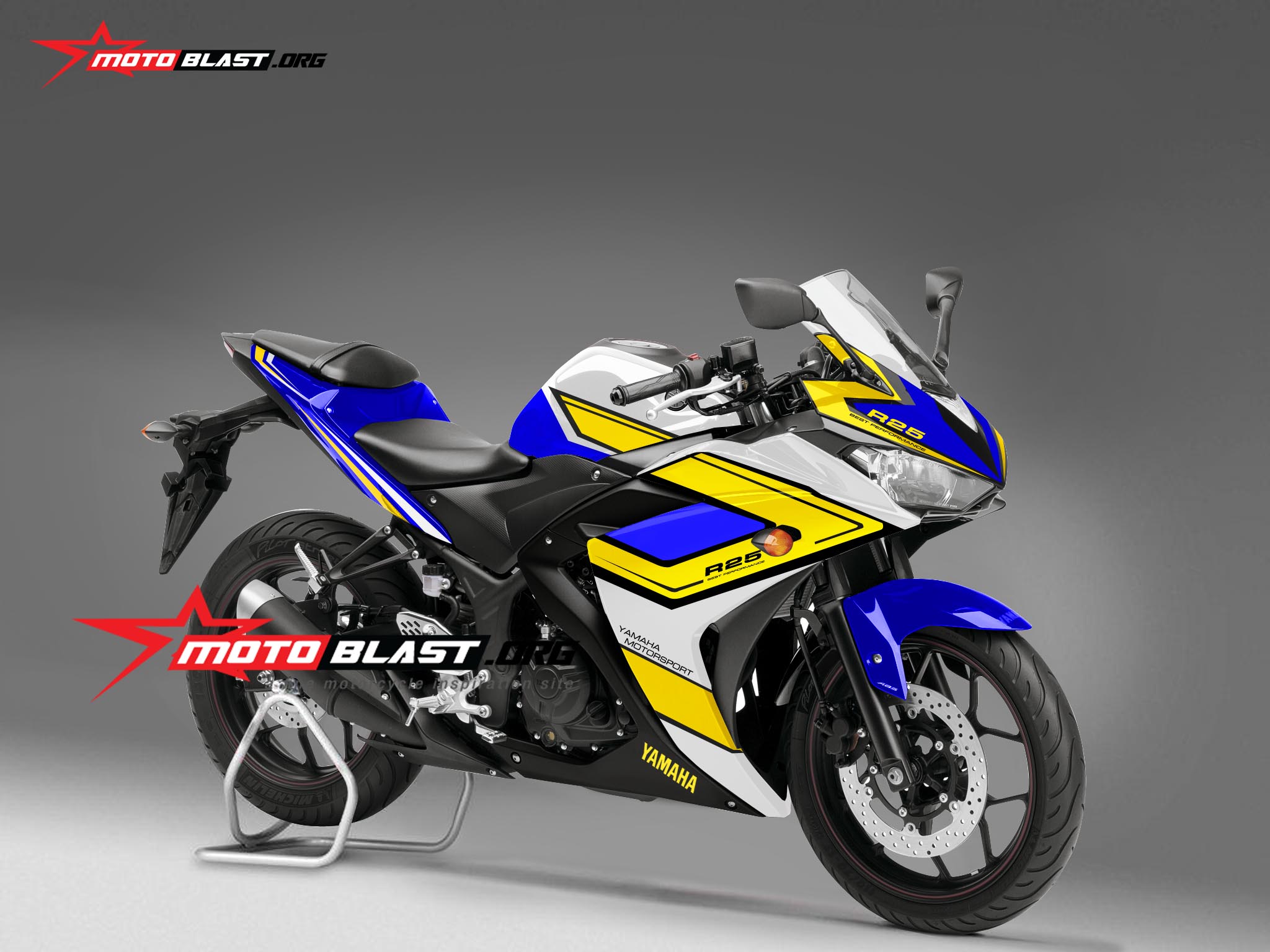 Motoblast Modifikasi Striping Yamaha R25 Blue White Yellow
