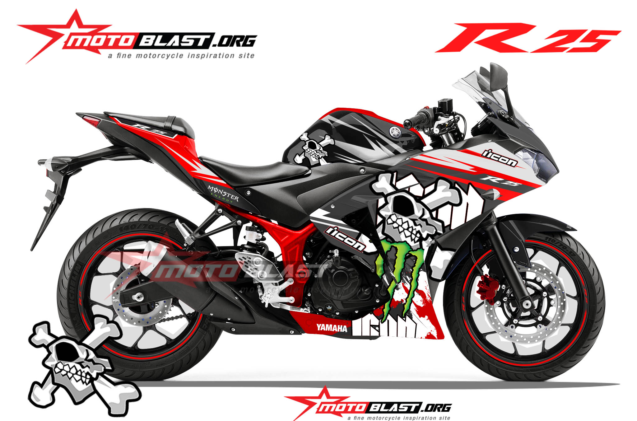 Modif Striping Yamaha R25 Black - Red - Skull mania! - MOTOBLAST