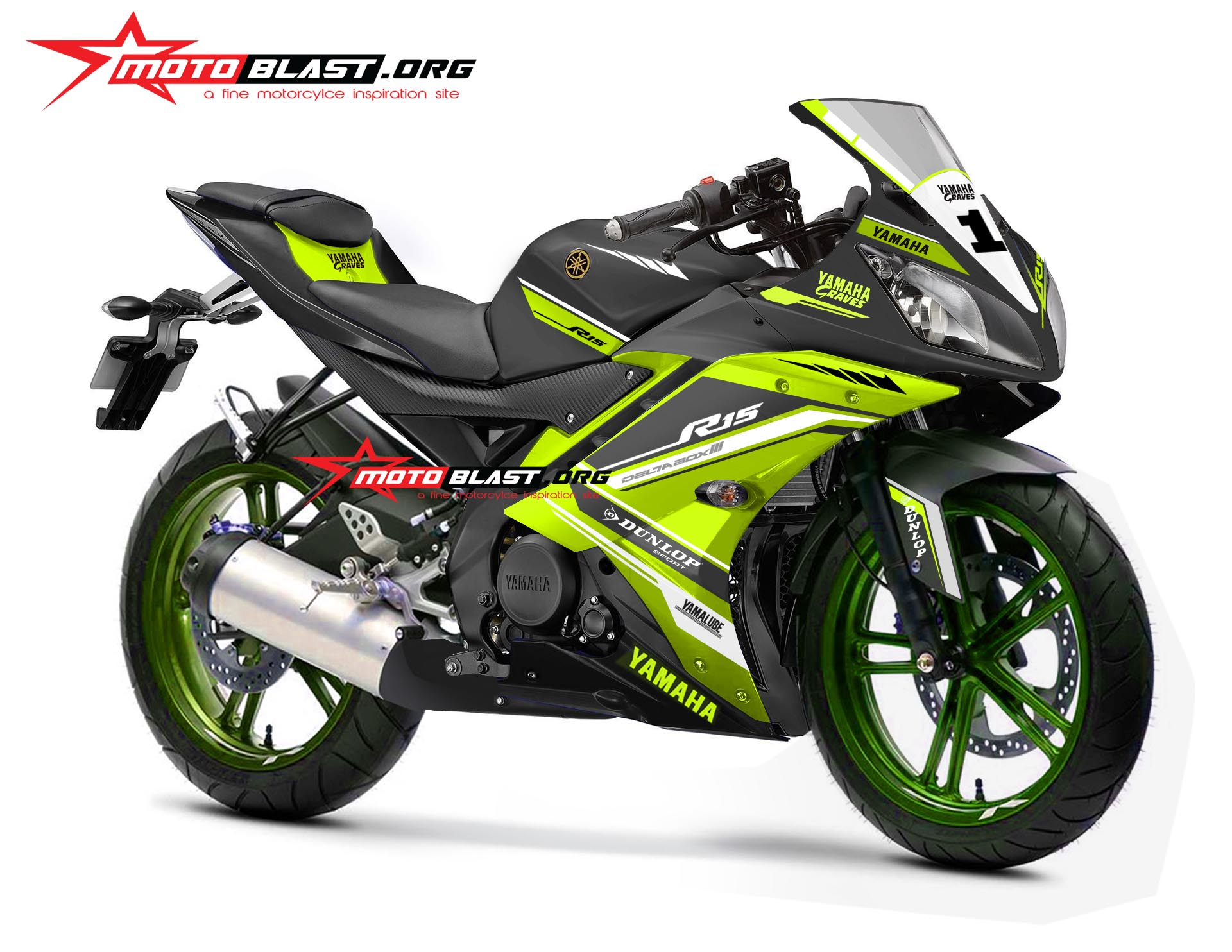 Modifikasi Motor Yamaha R15 Black Stiker Desain Stabilo Green Dan